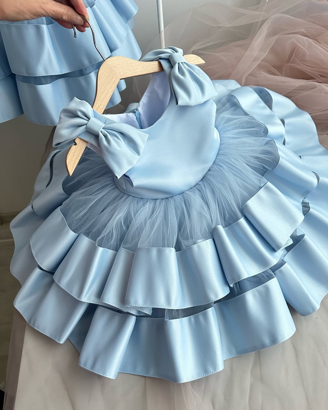 Classy Satin Sky Blue Color Baby Dress