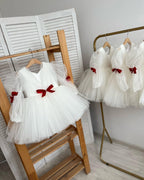 Elegance White Colour With Red Ribbon Baby Dress