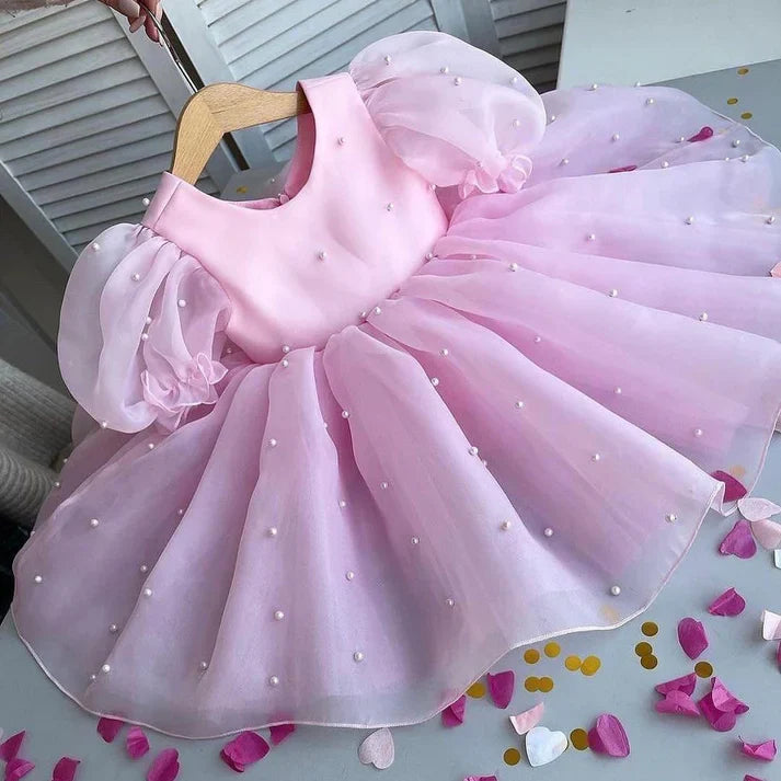 Classy Baby Pink Organza With Pearl Baby Dress